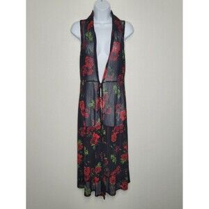 Ember red black romantic moody floral tie front long cardigan size medium